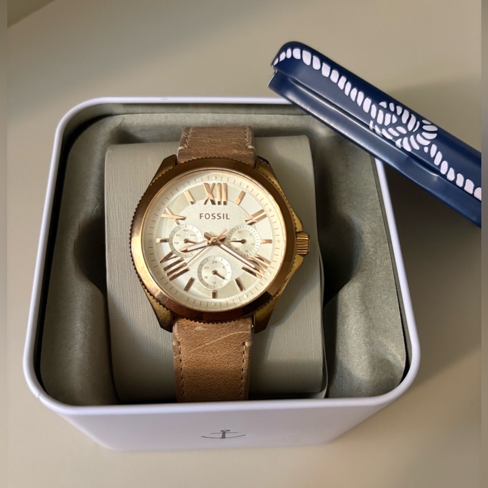 Fossil Rose Gold Cecile Watch with Leather Strap, NEW BATTERY INSTALLED
